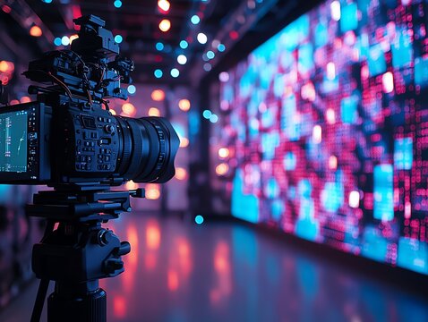 Filming professional video camera on tripod in studio with digital display