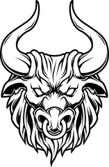 Kraftvoller Minotaurus Stierkopf mit bedrohlichem Blick, großen Hörnern und Nasenring – Symbol für Stärke und Wildheit.