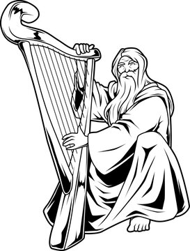 Bragi, der b&auml;rtige Gott der Dichtkunst, sitzt mit Harfe in der Hand in ruhiger Pose und spielt ein magisches Lied.