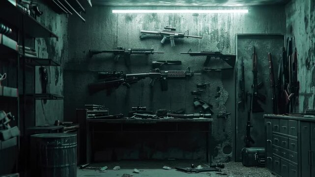 Room with weapon and army equipment, guns in boxes in dark storage, illegal smuggle arsenal. Concept of war, store, military industry