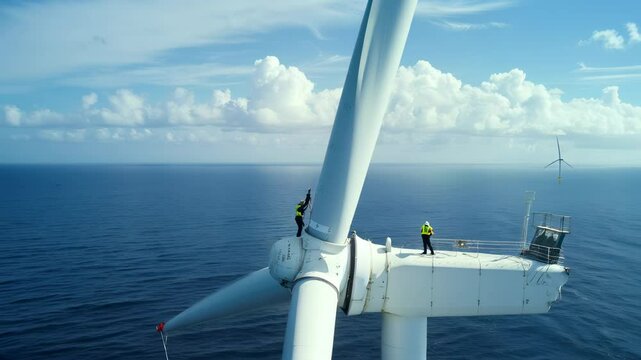 Engineers working at top of wind turbine in sea, aerial view of workers perform maintenance of windmill, concept of energy, power, people