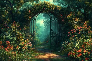 A whimsical drawing of a secret garden hidden behind a gate of vines, with lush plants, colorful flowers, and magical creatures that make this secluded spot their home