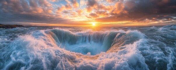 A massive, frothy wave crashes dramatically against the rocky shoreline, sending up a spray of white foam under a bright blue sky, capturing the raw power of the ocean's beauty.