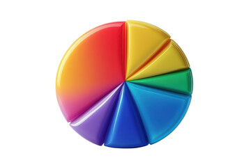 Obraz premium A vibrant rainbow pie chart celebrating diversity and unity with glossy, 3D segments against a clean white background.