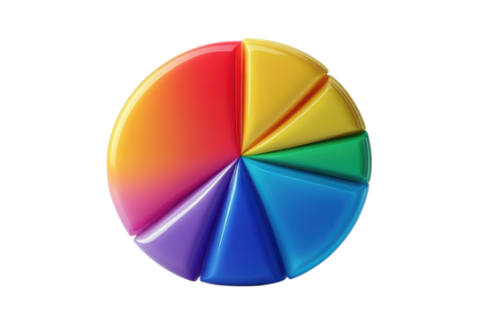 A vibrant rainbow pie chart celebrating diversity and unity with glossy, 3D segments against a clean white background.