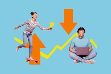 Creative trend image collage of two people ride skate board use netbook near arrows on blue color...