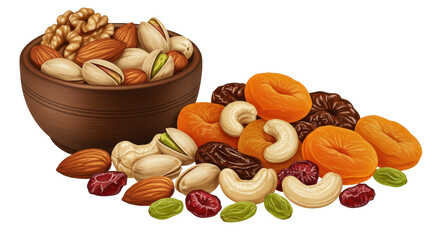 Isolated Assorted Dried Fruits and Nuts in Bowl