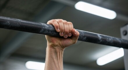Hand gripping pull-up bar in gym environment  