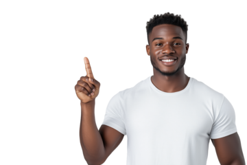 Lächelnder Mann zeigt mit erhobenem Zeigefinger nach oben PNG mit transparentem Hintergrund

