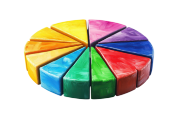 A vibrant spectrum of painted wooden wedges forming a cheerful pie chart, showcasing a bold and playful artistry with a bright, clean white background.