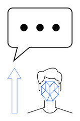 Speech bubble with ellipsis, geometric face outline, and upward arrow illustrating communication, AI, progress, innovation, identity, technology, privacy flat simple metaphor