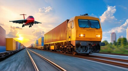 Fototapeta premium Dynamic high-speed train in a professional logistics banner design, highlighting the importance of efficient transportation, supply chain management.