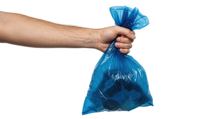 Isolated Hand Holding Blue Plastic Garbage Bag