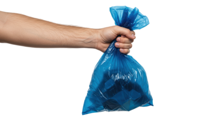 Isolated Hand Holding Blue Plastic Garbage Bag