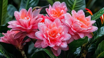 Vibrant Hummingbird Among Pink Flowers in Lush Tropical Setting