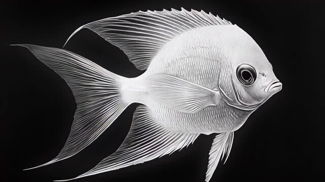 Isolated white fish swims gracefully in deep black water aquarium during daytime