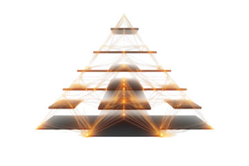Ascending levels of interconnectedness, a pyramid of dark platforms connected by radiant golden energy, symbolizing growth and progress.