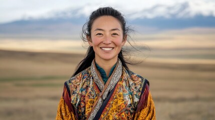Smiling Person in Mongolian National Dress on Vast Steppes