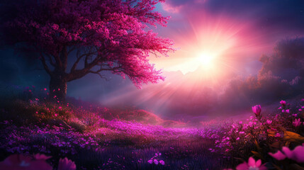 Sunrise over a blossoming meadow enchanted landscape nature scene dreamy environment serene viewpoint