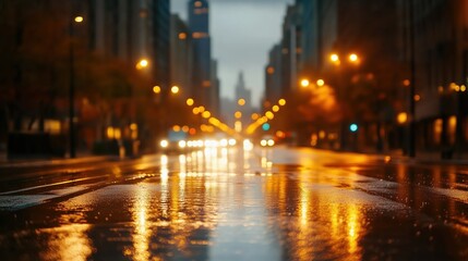 Obraz premium Rainy city street with wet asphalt reflecting golden lights and towering buildings at dusk, blurred urban landscape with bokeh effect creating atmospheric cityscape. Beautiful evening in metropolis sh
