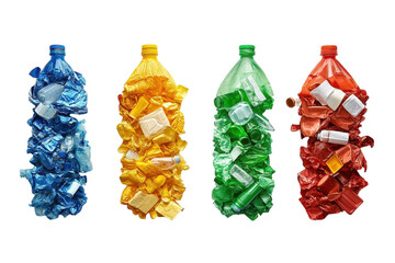 Colorful plastic bottle sculptures overflowing with recycled waste, a vibrant commentary on consumption and environmental responsibility against a stark white background.