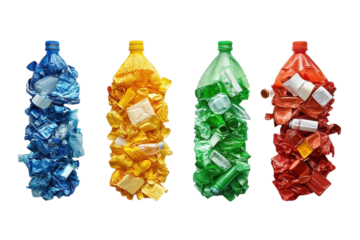 Colorful plastic bottle sculptures overflowing with recycled waste, a vibrant commentary on consumption and environmental responsibility against a stark white background.