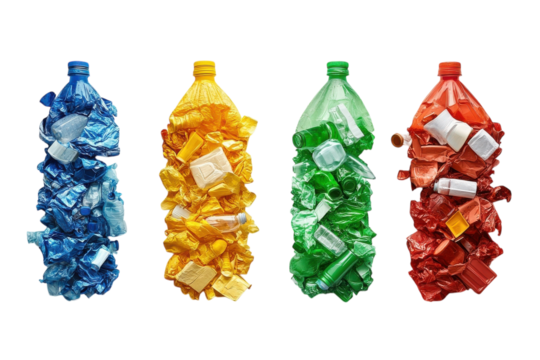 Colorful plastic bottle sculptures overflowing with recycled waste, a vibrant commentary on consumption and environmental responsibility against a stark white background.