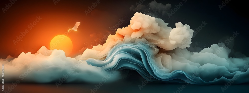 Poster mesmerizing azure digital undulations fluid cybernetic forms cascading through a dark and light tone