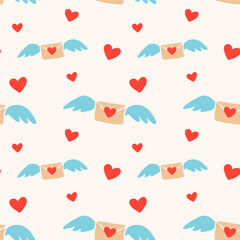 Obraz premium Love letter with heart and wings seamless pattern. Valentine's day print. Perfect for wrapping paper, textiles, romantic design. Cute vector illustration. 