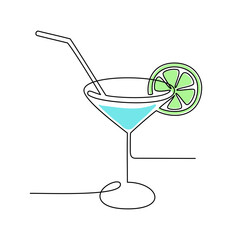 Continuous line drawing. Wineglass with cocktail and lemon. Isolated on white background. Hand drawn color vector illustration. 