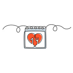 Continuous line drawing. A calendar with a heart around the date. 14th of February. Valentine's day. Template for love cards. Isolated on white background. Hand drawn color vector illustration. 