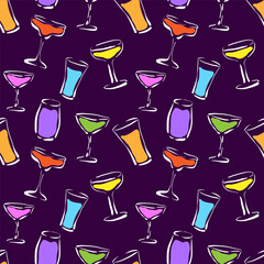 Glasses with drinks funny seamless pattern. Collection of different glass goblets with colorful liquids on dark background. Perfect for kitchen textile, wrapping paper. Vector illustration.
