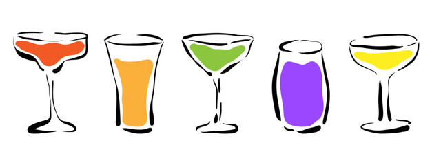 Set of five glasses with drinks. Collection of different glass goblets with multi-colored liquids. Vector illustration isolated on white background.
