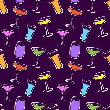 Glasses with drinks funny seamless pattern. Collection of different glass goblets with colorful liquids on dark background. Perfect for kitchen textile, wrapping paper. Vector illustration.