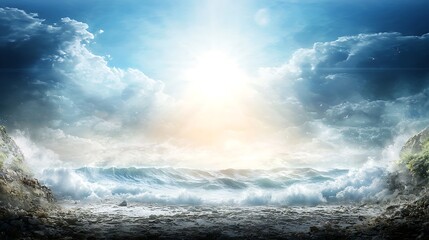 Obraz premium Breathtaking seascape sunrise coastal beach digital art serene environment wide-angle view nature's beauty