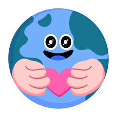 Cute flat design illustration of Earth with a happy face hugging a heart, symbolizing love, sustainability, eco-friendly living.