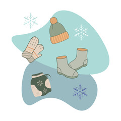 Doodle style illustration with winter weather accessories and shoes