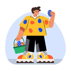 Flat illustration of an easter guy holding decorative eggs