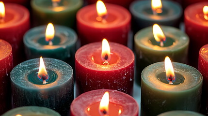 Many lit red and green candles burning, creating warm light