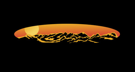 Sunset over the Mountains, in elliptical perspective. Nature vector illustration