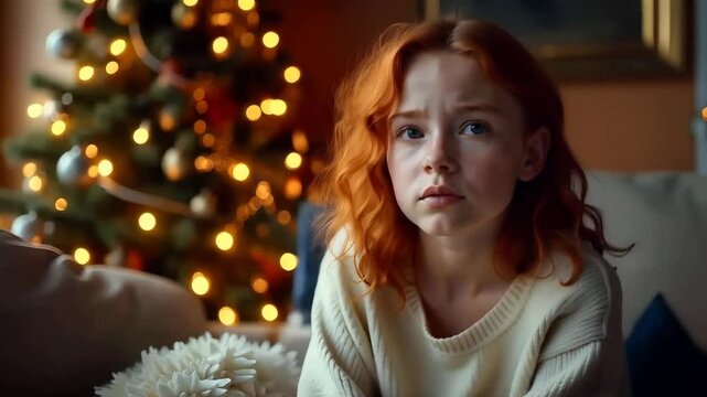 Sad young girl next to a Christmas tree