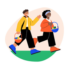 Flat illustration showing two character doing egg hunt