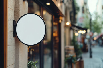 "Minimalist Urban Facade Circular Sign with Hanging Mirror Accent - Retail Concept"