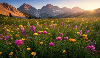 Colorful wildflowers bloom in Alpine mountain landscape at sunrise. Themes of nature, adventure, and environmental diversity.