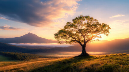 Fototapeta premium Sunset over majestic mountain serene landscape nature scene tranquil environment wide-angle view natural beauty