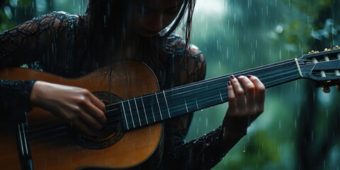 Obraz premium A beautiful Eastern woman strums a guitar in the rain, surrounded by a lush green forest. A serene and soulful moment, perfect for music-inspired designs.