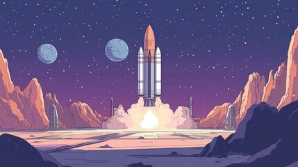 Obraz premium A rocket ship launches from a planetary surface towards the stars