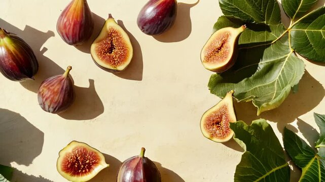 A top-down composition of fresh whole and halved figs arranged in a circular frame on a warm beige surface, accented with fig leaves and natural shadows. This image evokes a rustic, organic feel 