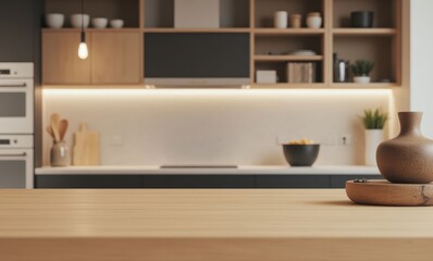 Modern kitchen interior with warm lighting