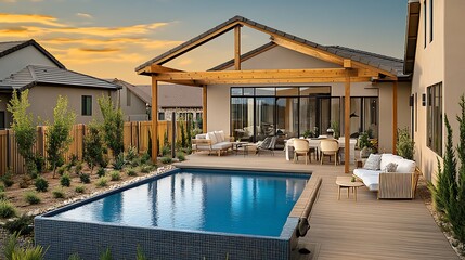 Fototapeta premium Modern outdoor living space with pool and patio